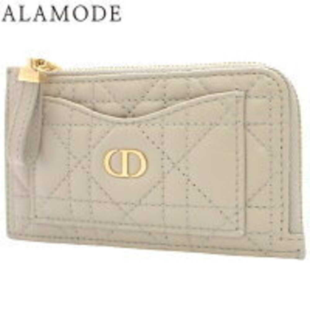 Christian Dior Caro Zip Card Holder Wallet Pass Calfskin Leather Beige
